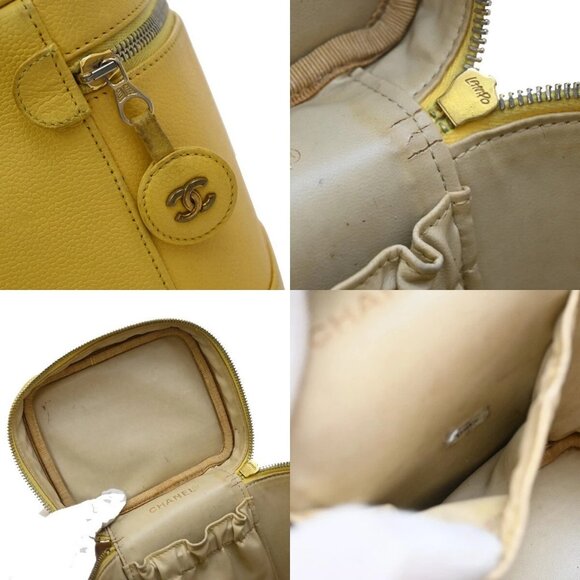 CHANEL Vanity Cosmetic Hand Bag Grained Calfskin Leather Yellow Vintage 93RF437 - Picture 9 of 15